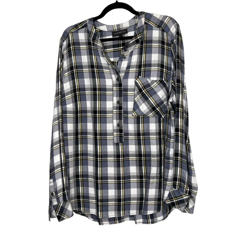 Lane Bryant Womens Black Yellow Plaid Pullover Top Long Sleeve Plus Size 18